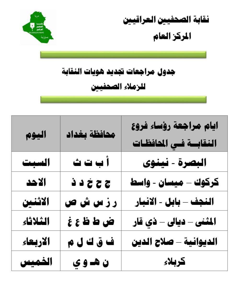 نقابة الصحفيين العراقيين تبدأ بتجديد هويات الصحفيين ورفع ترقين القيود اعتبارا من يوم السبت 4/4/2026